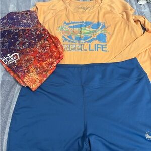 Lot of 3 Reel Life swim shirts and Blue Shorts Set